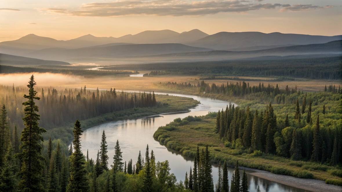 Boreal river winding through forest at golden hour